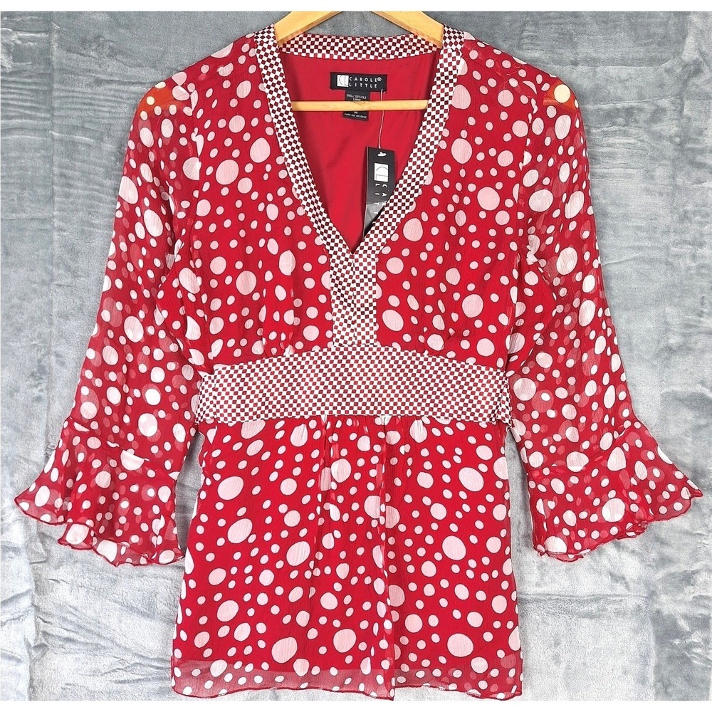 Womens Top Medium Red Silk Babydoll Y2K Polka Dot Fairy Romantic Feminine Dainty